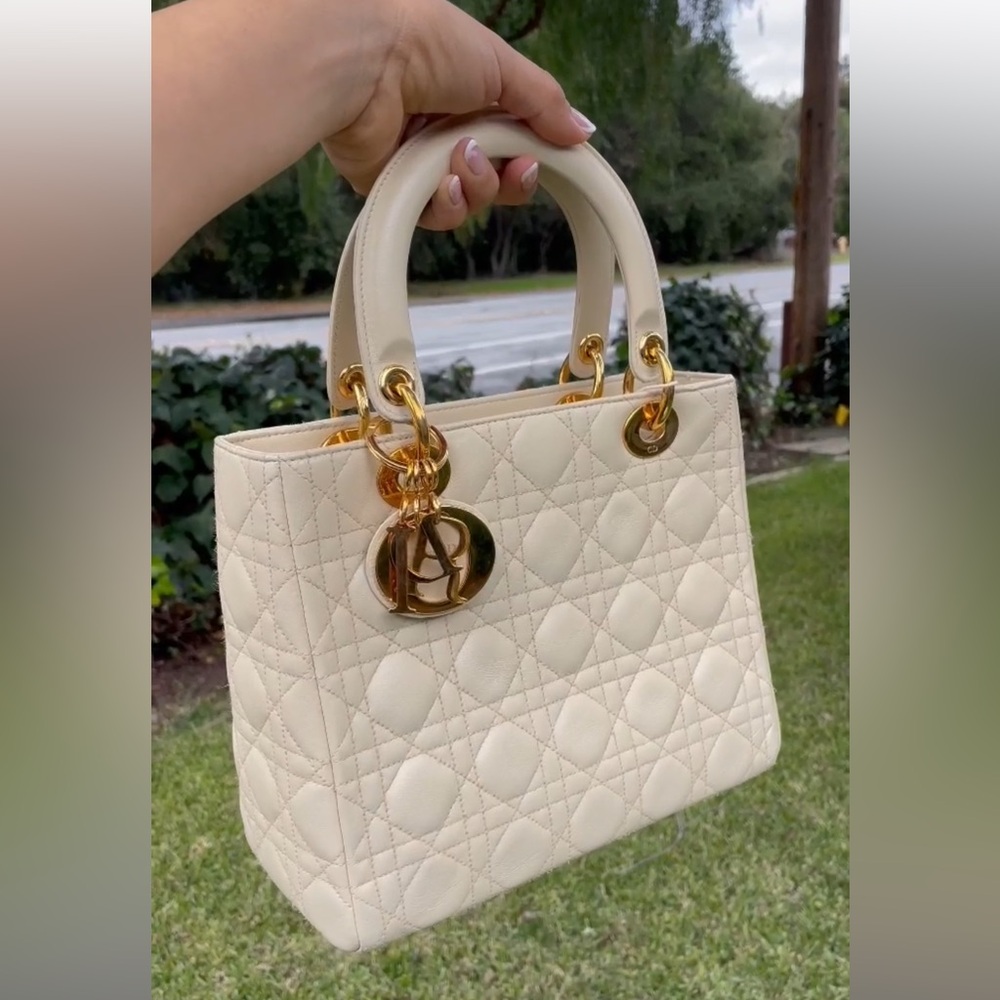 Christian Lady Dior Medium Bag Cream Cannage Lambskin Gold Hardware Authentic